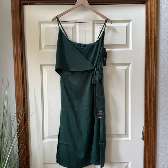 NWT Lulus Fall In Love Green Satin Midi Wrap Dress Small - Picture 3 of 11